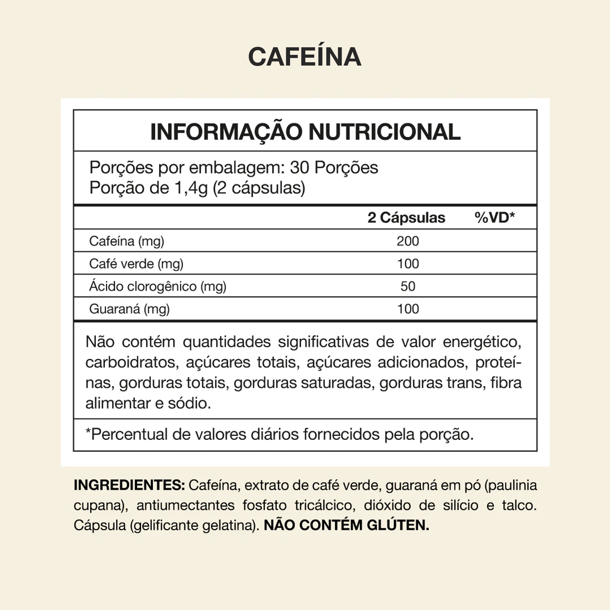 tabela nutricional cafeína